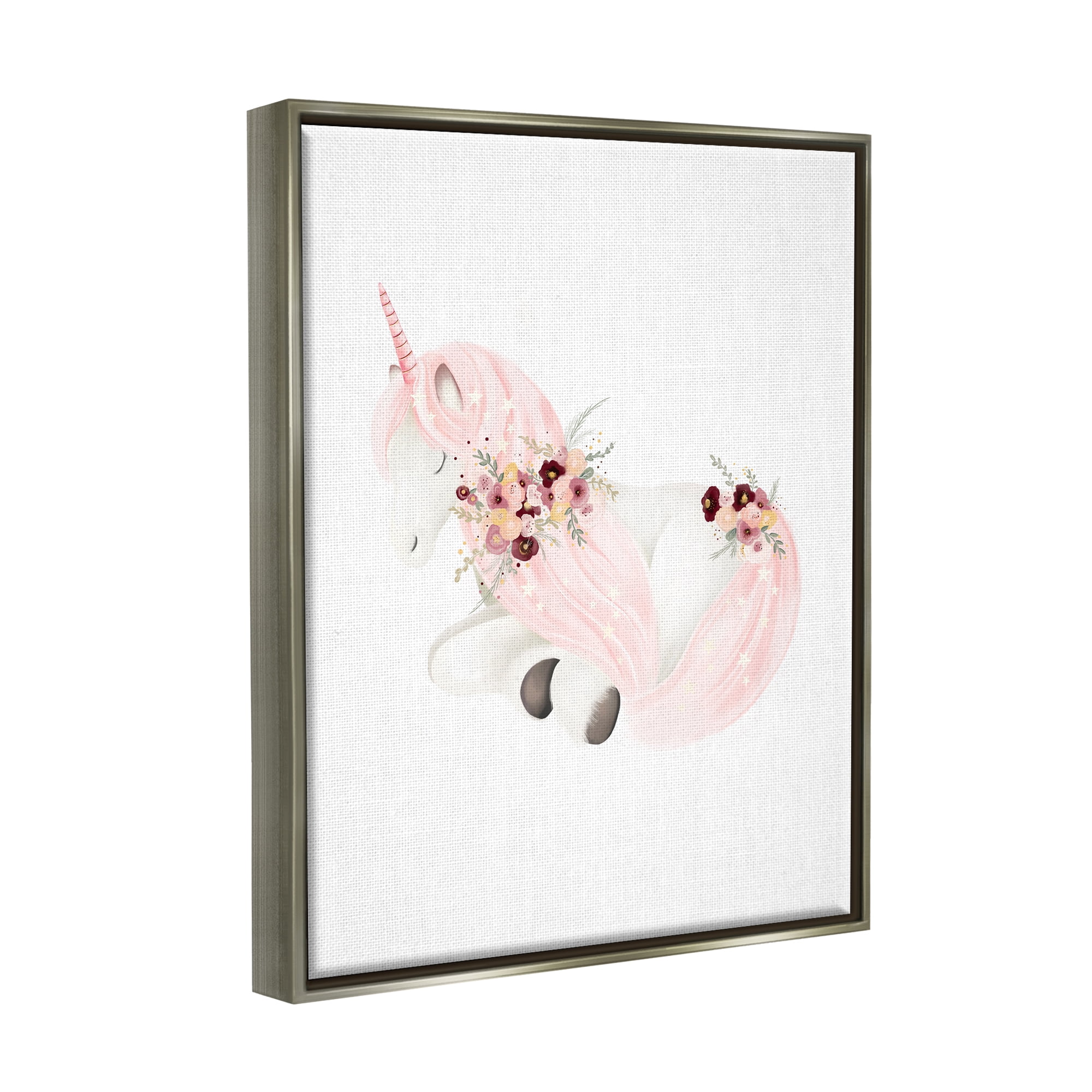 Stupell Industries Unicorn with Pink Flowers Fairy Tales & Fantasy Painting Gray Floater Framed Canvas Art Print Wall Art, 17 x 21