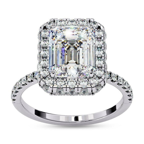 AFFY Halo Engagement Rings for Women |Center 8.5X6.5MM Emerald Cut Lab Created Moissanite Solitaire Promise Rings for Her in 14K White Gold Over Sterling Silver, Ring Size 4