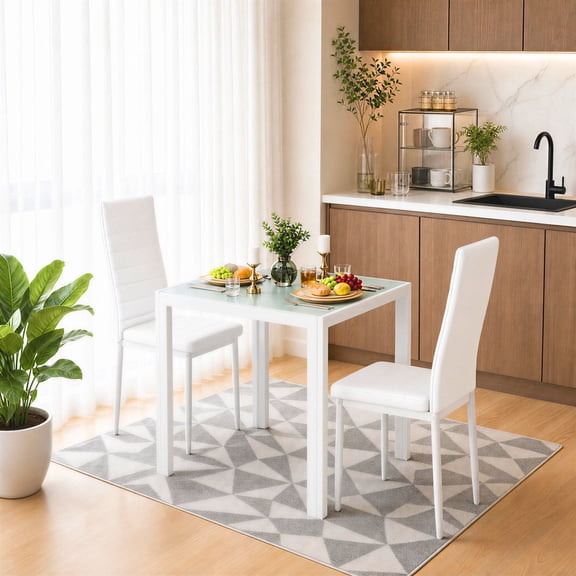 3 Piece Dining Table Set for 2, Glass Kitchen Table and Chairs with Upholstered PU Leather Chairs for Apartment, Small Space, White