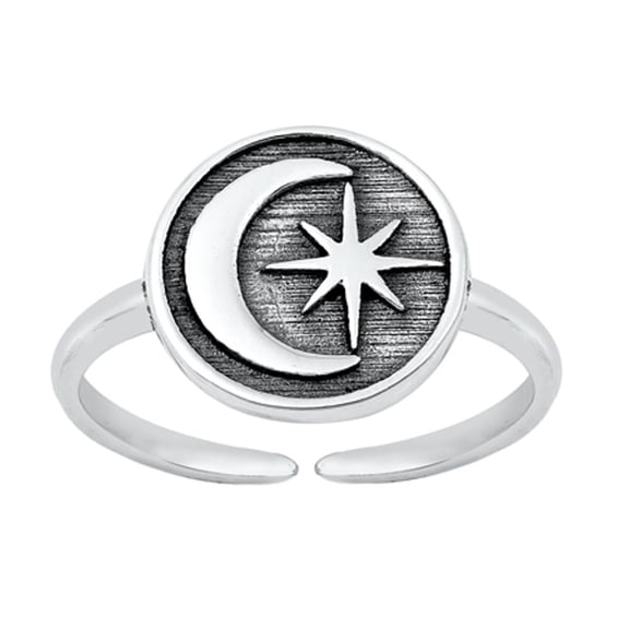 Sterling Silver Oxidized Moon Star Toe Ring Adjustable Midi Band 925 New Jewelry Female Unisex