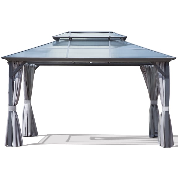 Meetleisure 10x13ft Outdoor Hardtop Gazebo with Double-Tier Polycarbonate Roof, Aluminum Frame Gazebo with Netting and Curtain Included, Suitable for Lawn Backyard Patio, Gray