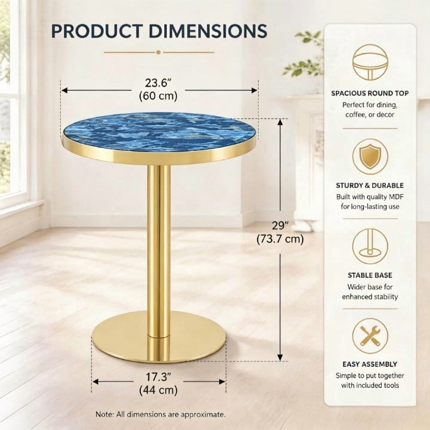 23.6" Round MDF sprayed with UV paint countertop, marble texture, stainless steel edging, metal table legs, modern light luxury edge/coffee table.