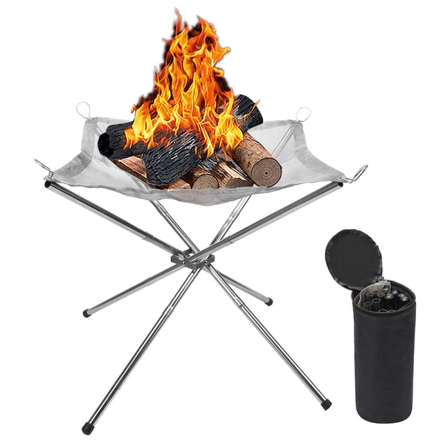 Pozo de fuego portátil para exteriores, 16,5 pulgadas, plegable, de malla de acero, para camping y jardín (plateado)