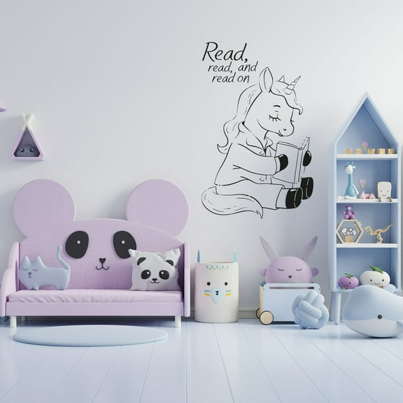 Read, Read, And Read On - Reading Quotes Quote Cute Unicorn Reading Book Design Drawing Silhouette Vinyl Wall Art Sticker Decal Home Reading Corner Library Décoration Design Décor Size (30x22 inch)