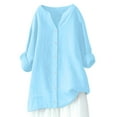thumbnail image 5 of lcziwo Cotton Linen Long Sleeve Shirts for Women Button Down V Neck Plain Blouses Plus Size Loose Fitted Tees Dressy Casual Summer 2025 Tops Lightweight Comfortable Tunic Tee Blue,XL, 5 of 5