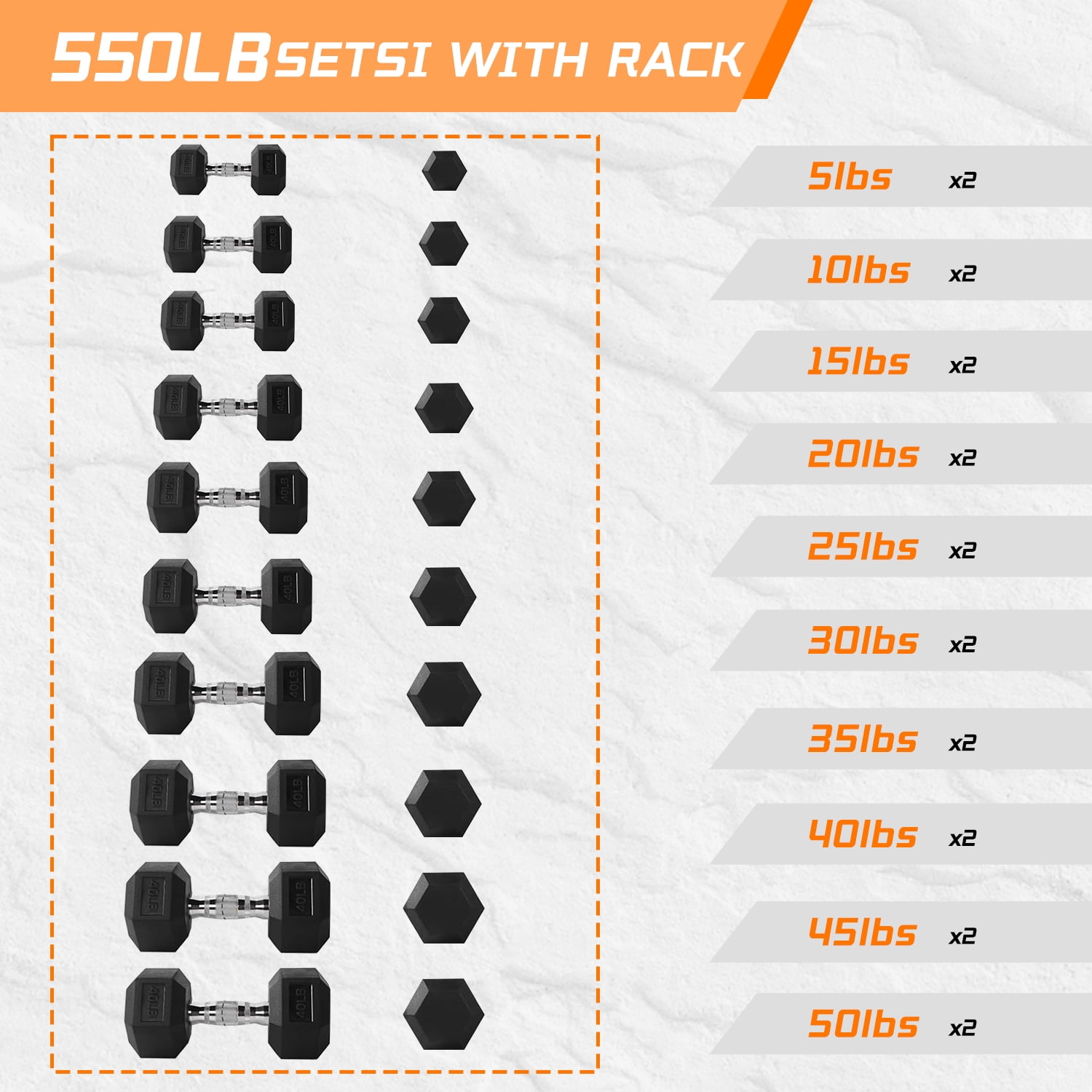 550 LBS Rubber Hex Dumbbell Set with Storage Rack, Anti-Roll Nonslip Free Weight Set for Home Gym Equipment, Strength Training & Fitness Exercise, Durable Dumbbells for Men Women