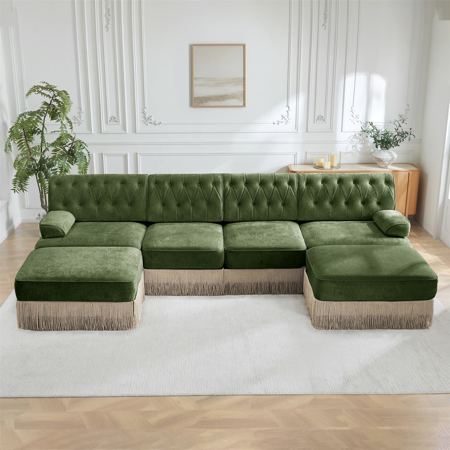 Hommoo 4-Seater Chesterfield Style Velvet Fabric U-Shaped Sectional Sofa with 2 Ottomans, Tufted Button Upholstered Design and Floor-grazing Tassel, Free Combination Sofa Couch Set, for Home, Green