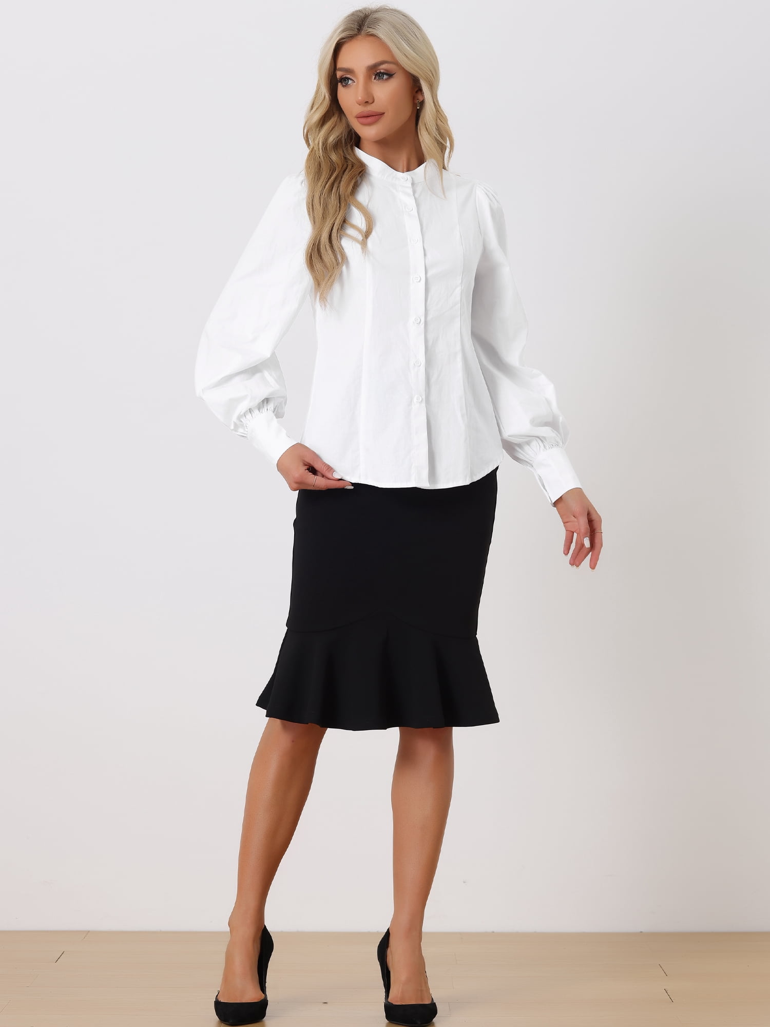 DARING DIVA Women's Band Collar Lantern Long Sleeves Button Down Blouse XL White