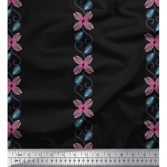 Soimoi Crepe Silk Fabric Leaves & Floral Hand Drawn Decor Fabric Printed Yard 42 Inch Wide