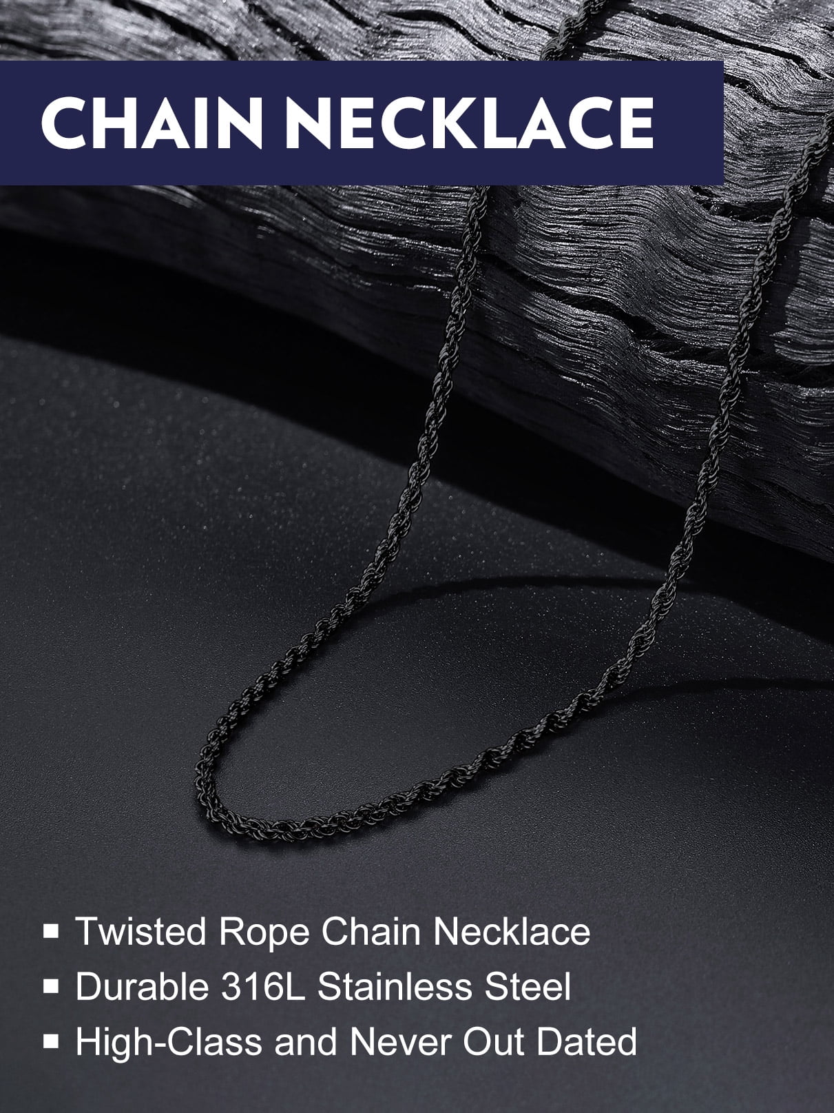 Bandmax 3MM Black Women Men Rope Chain Necklace 20 Inch Stainless Steel Twist Chain for Small Pendant Birthday Gift for Men Women