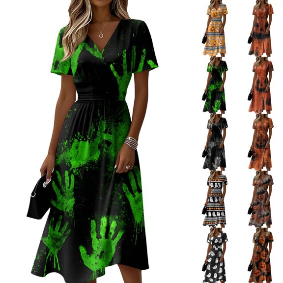 Women's Halloween Dress V Neck Short Sleeve Casual Midi A Line Dress Halloween Print Fall Pumpkin Ghost Bat Party Dress for Women Army Green L