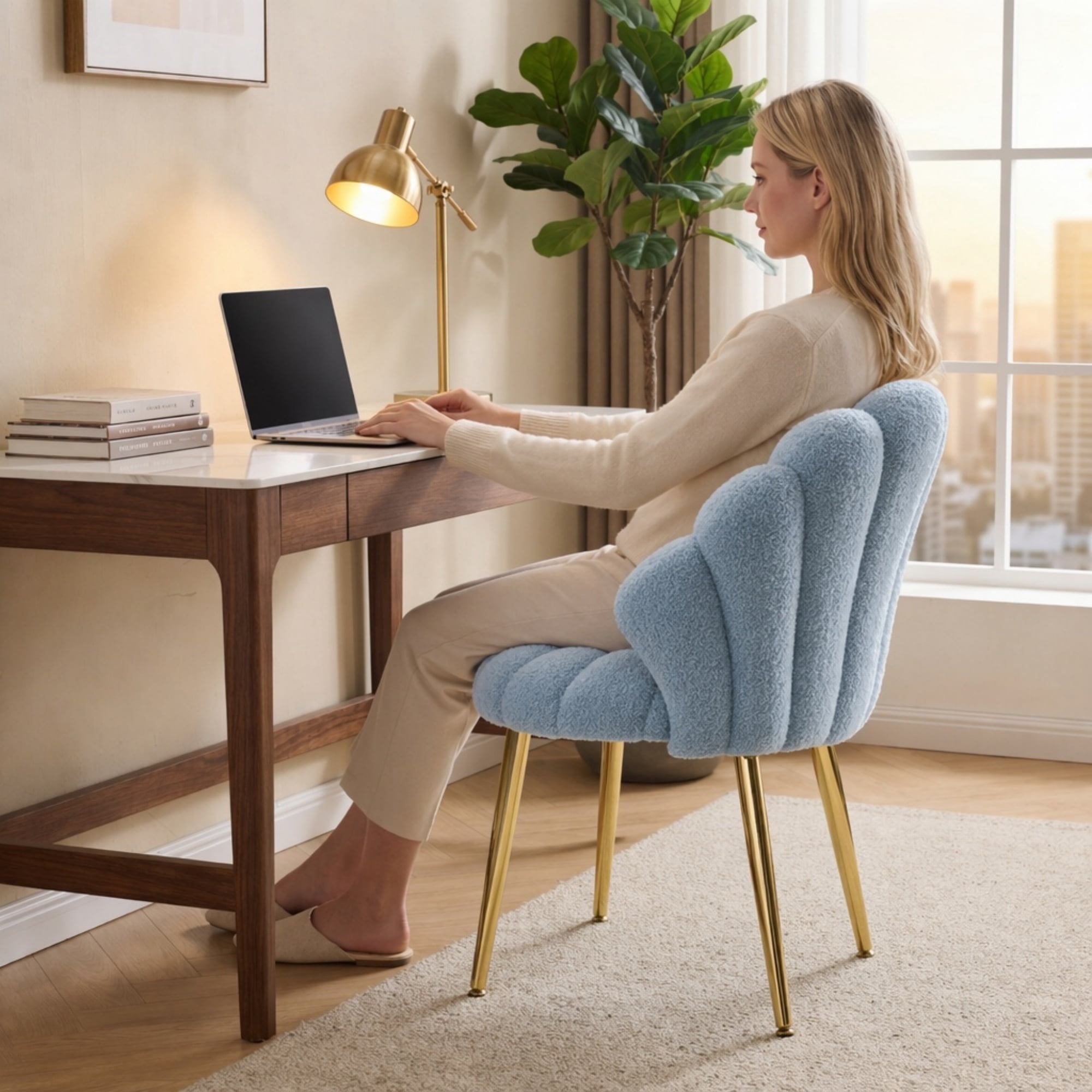 Ktaxon Vanity Makeup Chair with Teddy Velvet, Shell Design Accent Desk Chair with Lumbar Pillow and Gold Legs, Office Seating for Women Blue