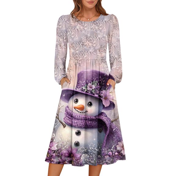 Women's Christmas Printed Fashionable Loose Round-Neck Dress, Holiday Print, Casual Wear, Retro Style, Comfort Fit, Everyday Dress, Festive,Purple,2XL