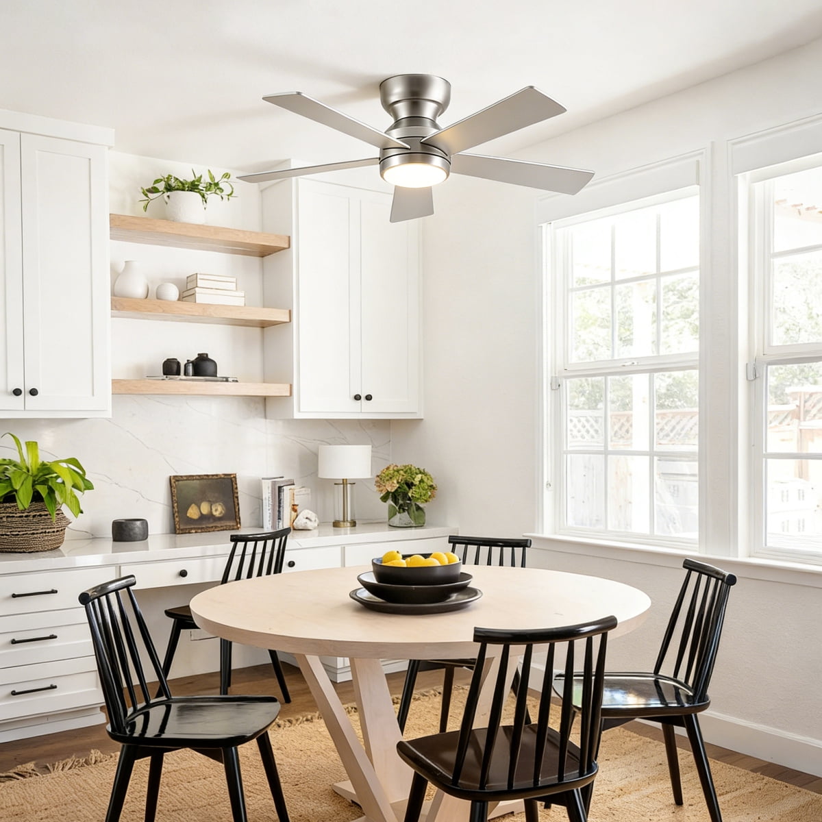 46" Flush Mount Ceiling Fan with Lights Remote Control,Quiet DC Motor 6 Plywood Blade Ceiling Fans 6 Speed Levels,Reversible Ceiling Fan,for Patio Living Room, Bedroom,Office,Indoor.( SLIVER)