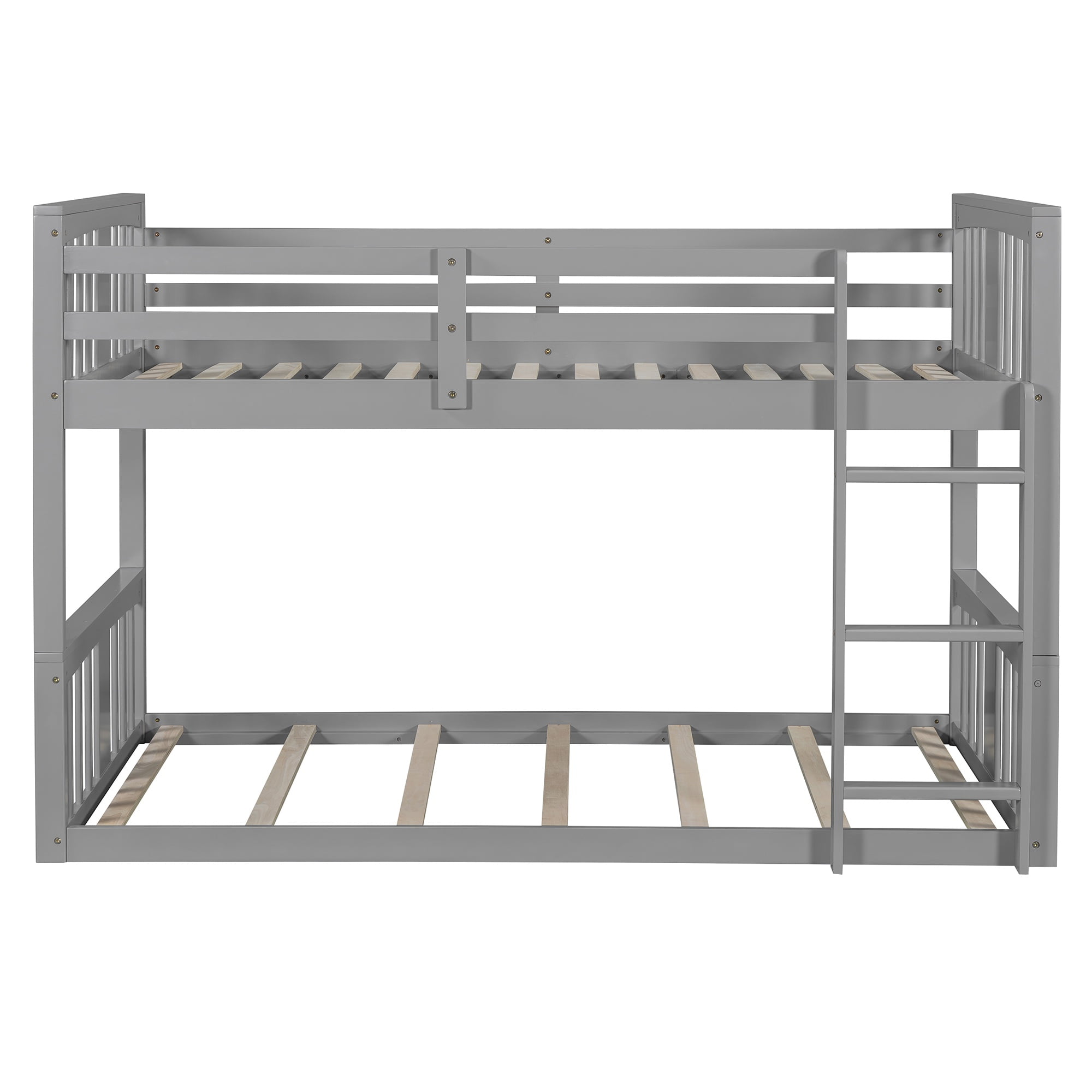 PORKISS Low Bunk Beds for Kids, New Upgraded Twin Over Twin Floor Bunk Bed with Ladder, Modern Bedroom Furniture Wood Bunk Bed for Boys Girls Teens, Easy Assembly, Gray