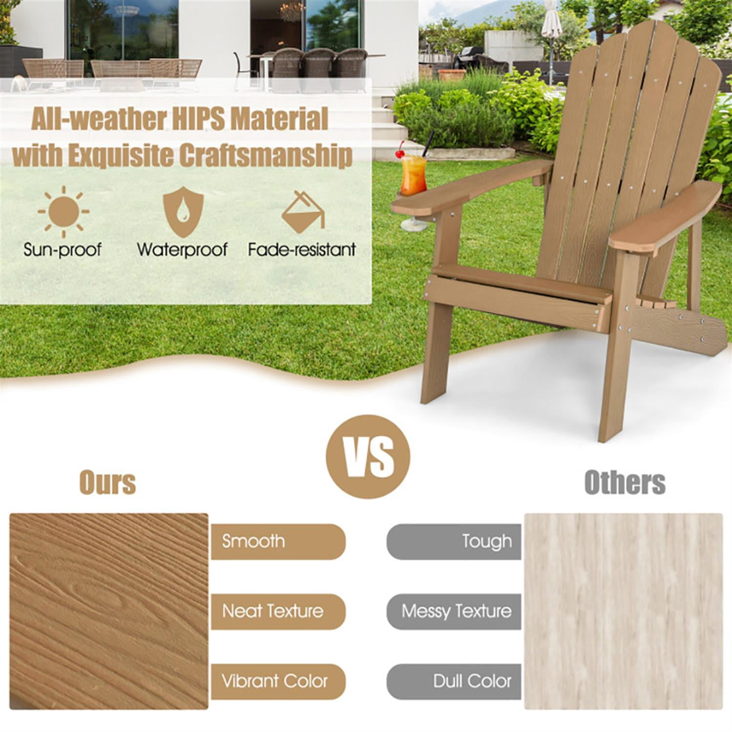 Spaco Outdoor Patio Weather Resistant HIPS Adirondack Chair with Cup Holder for Garden, Balcony, Poolside, Brown