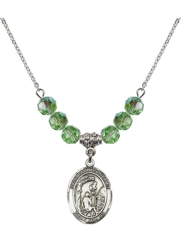 18-Inch Rhodium Plated Necklace with 6mm Crystal Birthstone Beads and Sterling Silver Saint Paul the Hermit Charm. 18-Inch Rhodium Plated Necklace with 6mm Crystal Birthstone Beads and Sterling Silver Saint Paul the Hermit Charm.