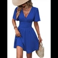thumbnail image 2 of Vestido Mini de Verano con Escote en V y Mangas con Volantes, Corte A, Cintura Alta Elástica, Holgado y con Vuelo. Azul XL, 2 of 9