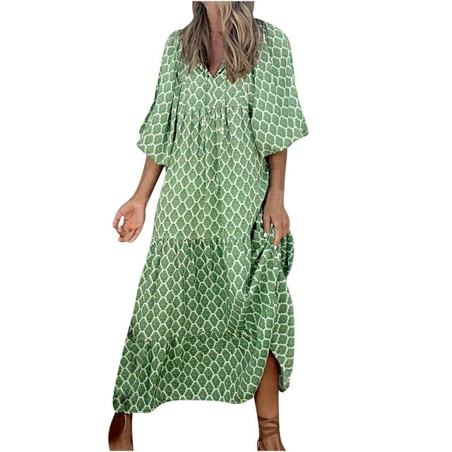 RKSTN Robes pour Femme Robe à Imprimé Floral à Manches Bouffantes Grande Taille Robe à Manches Courtes à Col en V Fluide Robe Maxi de Soirée