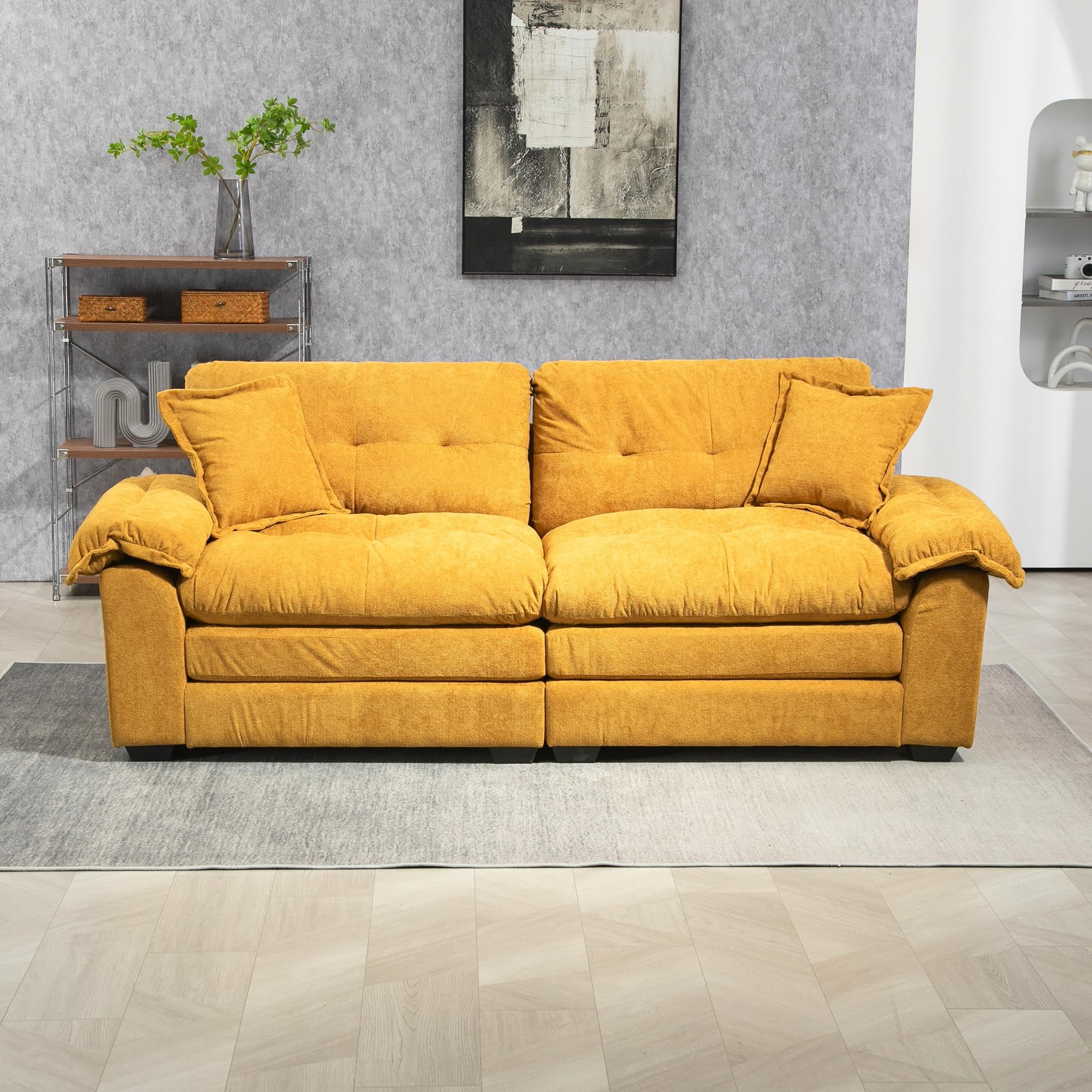 Modern 84" Chenille Loveseat Sofa, Ultra-Comfy Upholstered Couch with 2 Pillows for Apartment, Living Room, Bedroom, or Home Office​​ (Yellow)