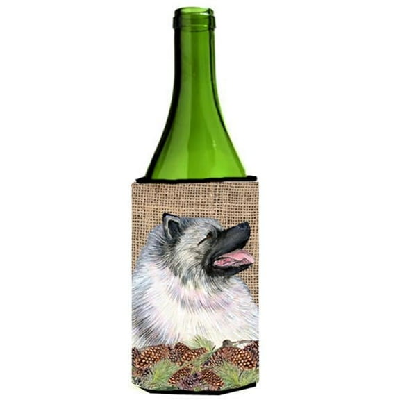 Keeshond on Faux Burlap with Pine Cones Wine bottle sleeve Hugger 24 oz.