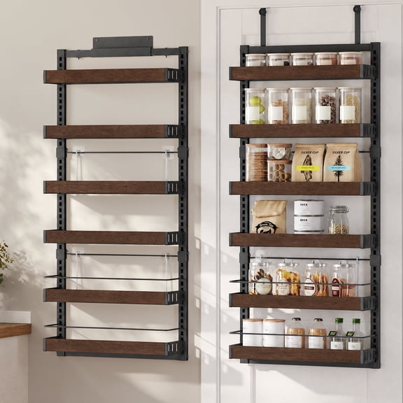 SONGMICS Over the Door Pantry Organizer, 6-Tier Rack with Wire, 16.9 x 6.2 x 55.3 inch, Ink Black and Natural Walnut, BYSTRO Collection