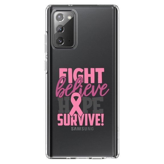 DistinctInk Clear Shockproof Hybrid Case for Galaxy Note 20 ULTRA (6.9" Screen) - TPU Bumper Acrylic Back Tempered Glass Screen Protector - Pink Ribbon Cancer - Fight Believe Hope Survive