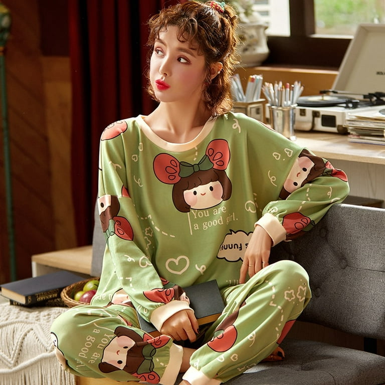 QWZNDZGR Winter Sleepwear Couple Cotton Pajama Sets Round Neck