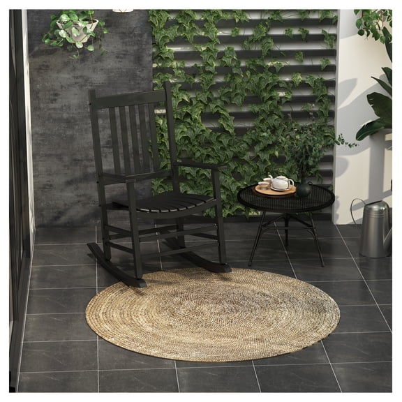 Wooden Outdoor Rocking Chair with Armrests, Black Acacia Wood Porch Rocker, Garden Patio Furniture
