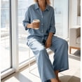 thumbnail image 2 of Amzcrzy Two Piece Sets for Women 2026 Solid Color Spring Outfits V Neck Button Down Shirt with Roll Tab Sleeves Wide Leg Pants Lounge Sets with Pockets Dressy Casual Loungewear Sets Light Blue XL, 2 of 8