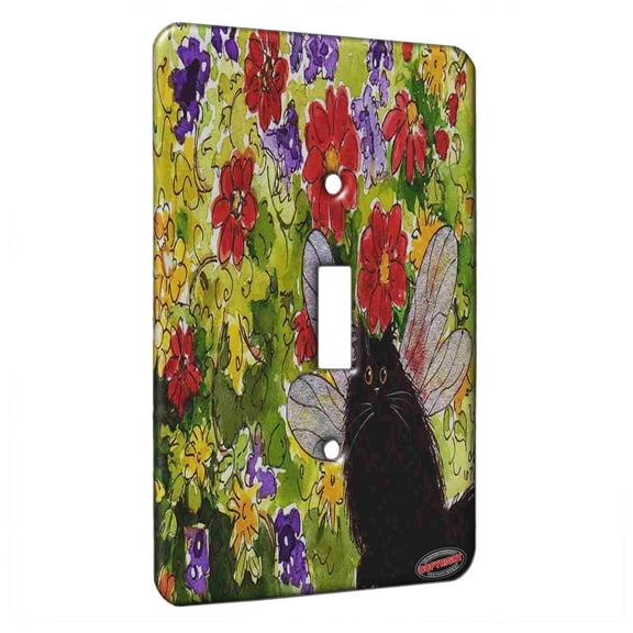 KuzmarK™ Single Gang Toggle Switch Wall Plate - Black Persian Kitty Fairy with Flowers Fantasy Cat Art by Denise Every