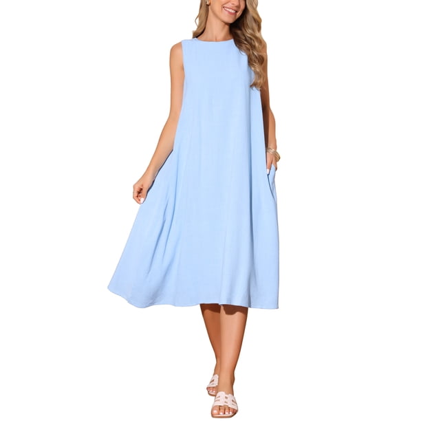 Vestidos de lino para mujer INSPIRE CHIC, con cuello redondo, corte holgado, sin mangas, vestidos de verano casuales con bolsillos, talla L, azul