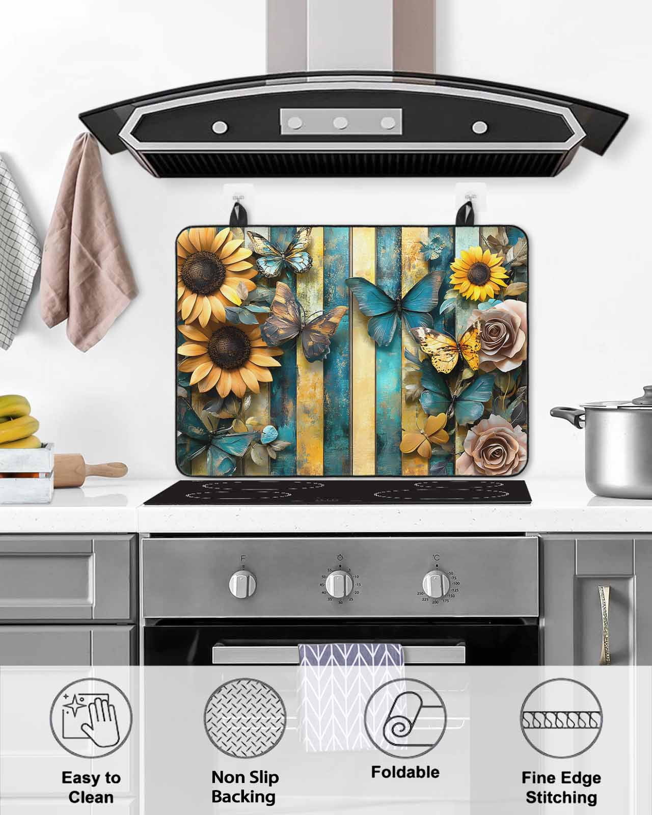 nqOlkjepod Large Induction Cooktop Protector Mat 24"x21", Butterfly Flower Stove Top Covers for Electric Stove, Yellow Teal Vertical Striped Vintage Stove Burner Cover Mats, Glass Top Stove Cover