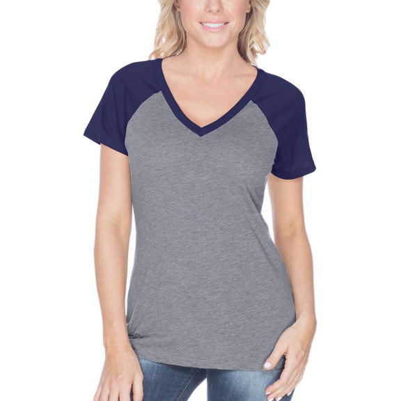 Kavio! Women Sheer Jersey Contrast V Neck Raglan Short Sleeve Dark H.Gray/Navy XL