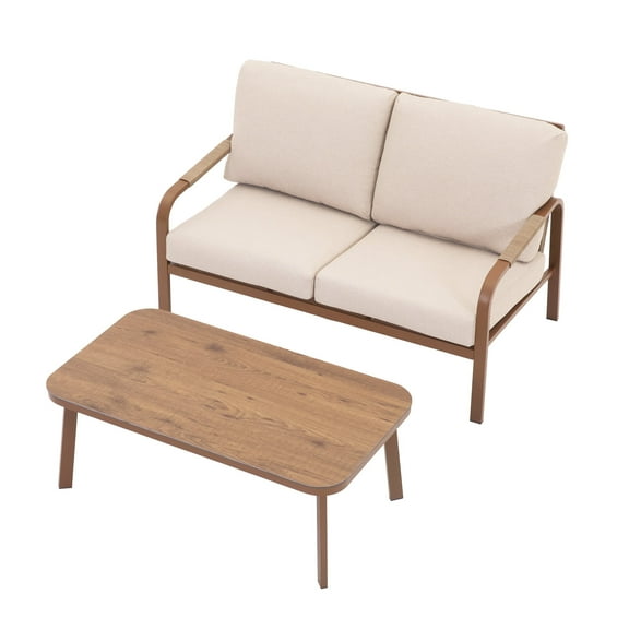 2-Seat Outdoor Sofa Set with Coffee Table, PE Rattan Patio Conversation Set for Garden, Balcony, Poolside - Beige