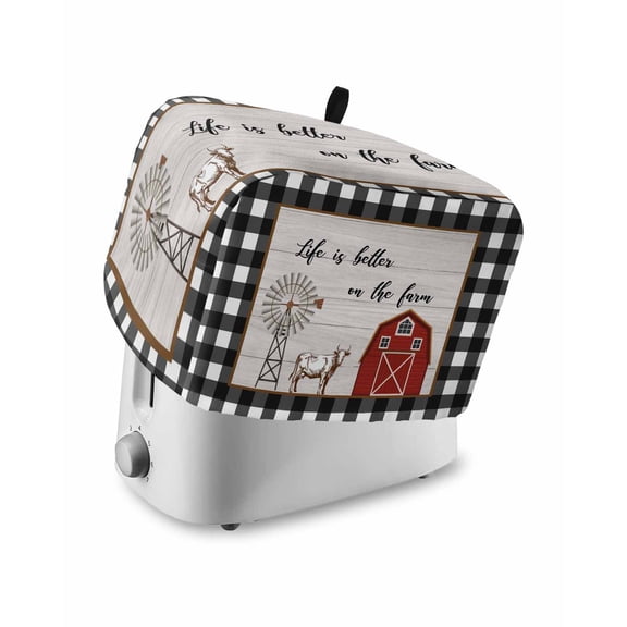 Fsddascl Farmhouse Barn Toaster Cover 2 Slice, Small Kitchen Appliance Covers, Vintage Cabin Cow Wood Grain Checkered Toaster Oven Cover with Loop, Bread Machine Cover Polyester Dust Cover Protection