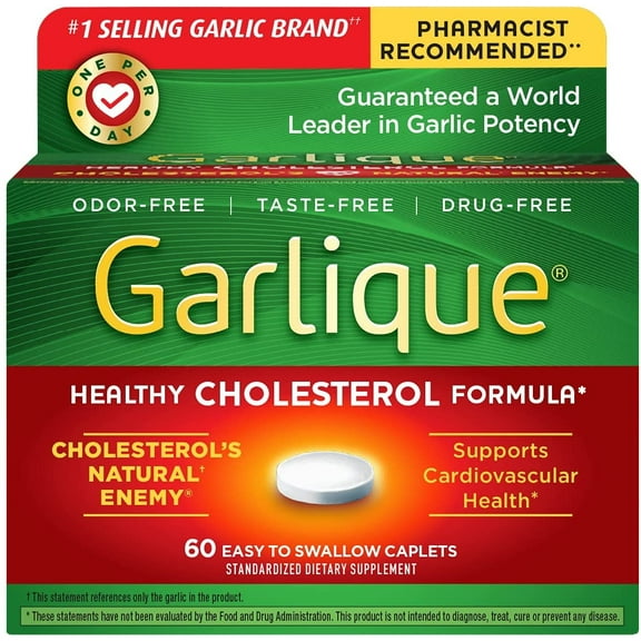 Garlique Garlic Extract Supplement, Healthy Cholesterol Formula, Odorless & Vegan, 60 Caplets