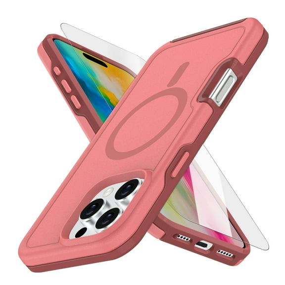 ShellTech Magnetic Case with Tempered Glass Screen Protector for iPhone 16 Pro,Shockproof Silicone PC Case Compatible with MagSafe Back Cover for iPhone 16 Pro,Darkpink