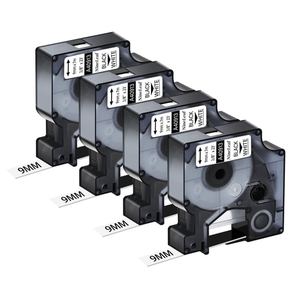 NineLeaf 4PK Compatible for DYMO D1 40913 3/8" x 23' (9mm x 7m) Black on White Label Maker Tape for Label Manager 100 120P 160 210D