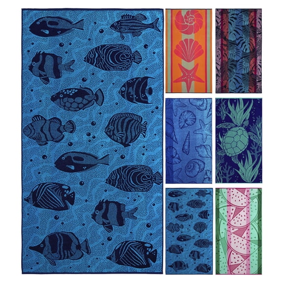 Ozdilek 34x64 Beach Towel - 100% Turkish Cotton, Luxury Soft Velour, Quick Dry, Absorbent, Fade-Resistant, Oversized Pool & Spa Towel, Fish & Sea Design, Eco-Friendly (Deep Blue Escape)