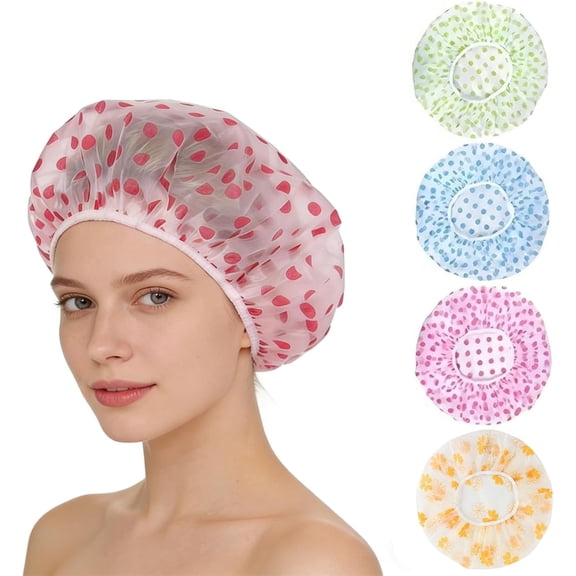 4 Pack Reusable Waterproof Shower Caps for Women, Men & Kids, 27cm Elastic Bath Caps, Plastic Hair Cover for Shower, Spa, Salon, Hotel & Home, Blue, Pink, Green & Yellow