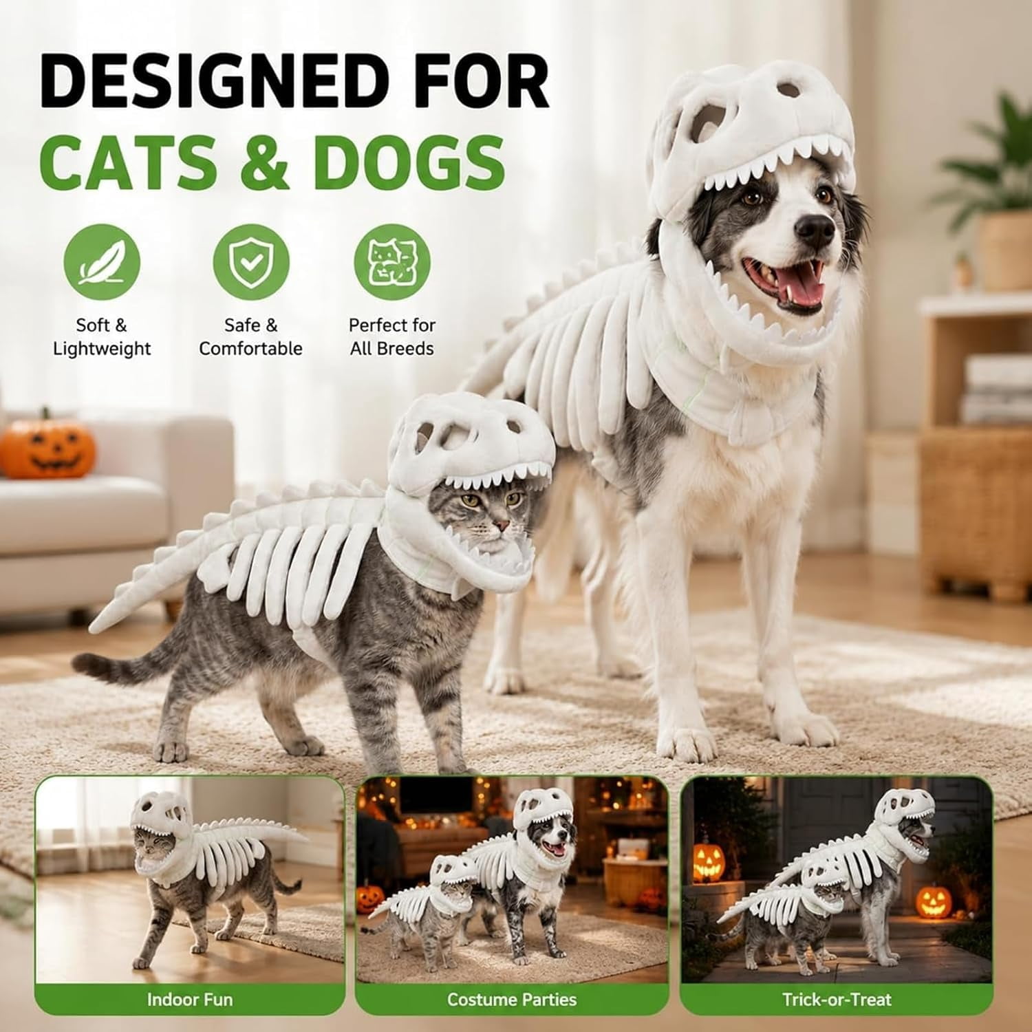 Cat Dinosaur Costume, Catsaur Costume, Dinosaur Costume for Dogs, Soft Plush T Rex Halloween Outfit, 3D Skeleton Design Glow in the Dark, Realistic Dinosaur Skeleton Costume for Pet