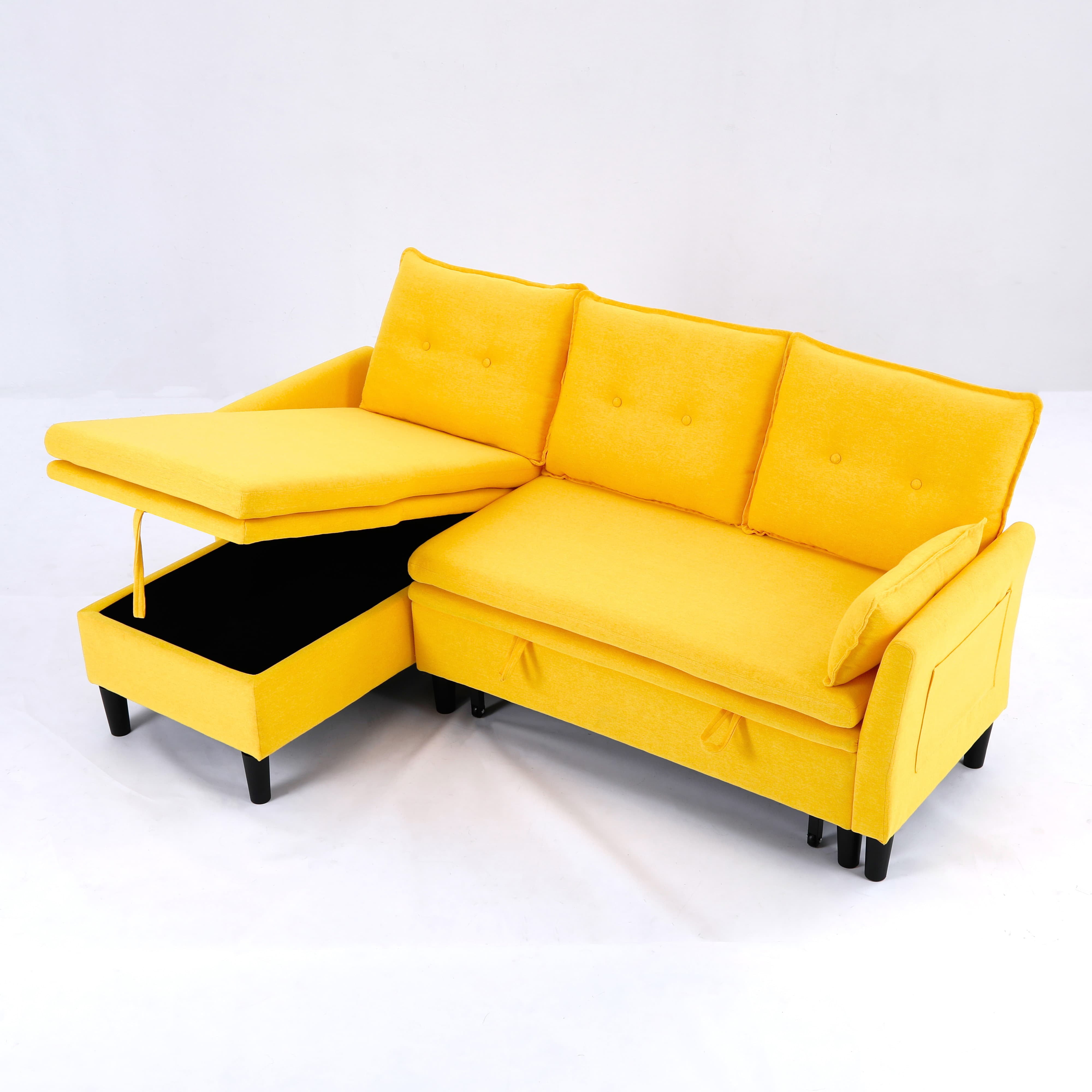 MAYEERTY L-Shaped Reversible Chaise Sectional Sofa Linen Sofa Bed with Storage, for Apartment, Yellow
