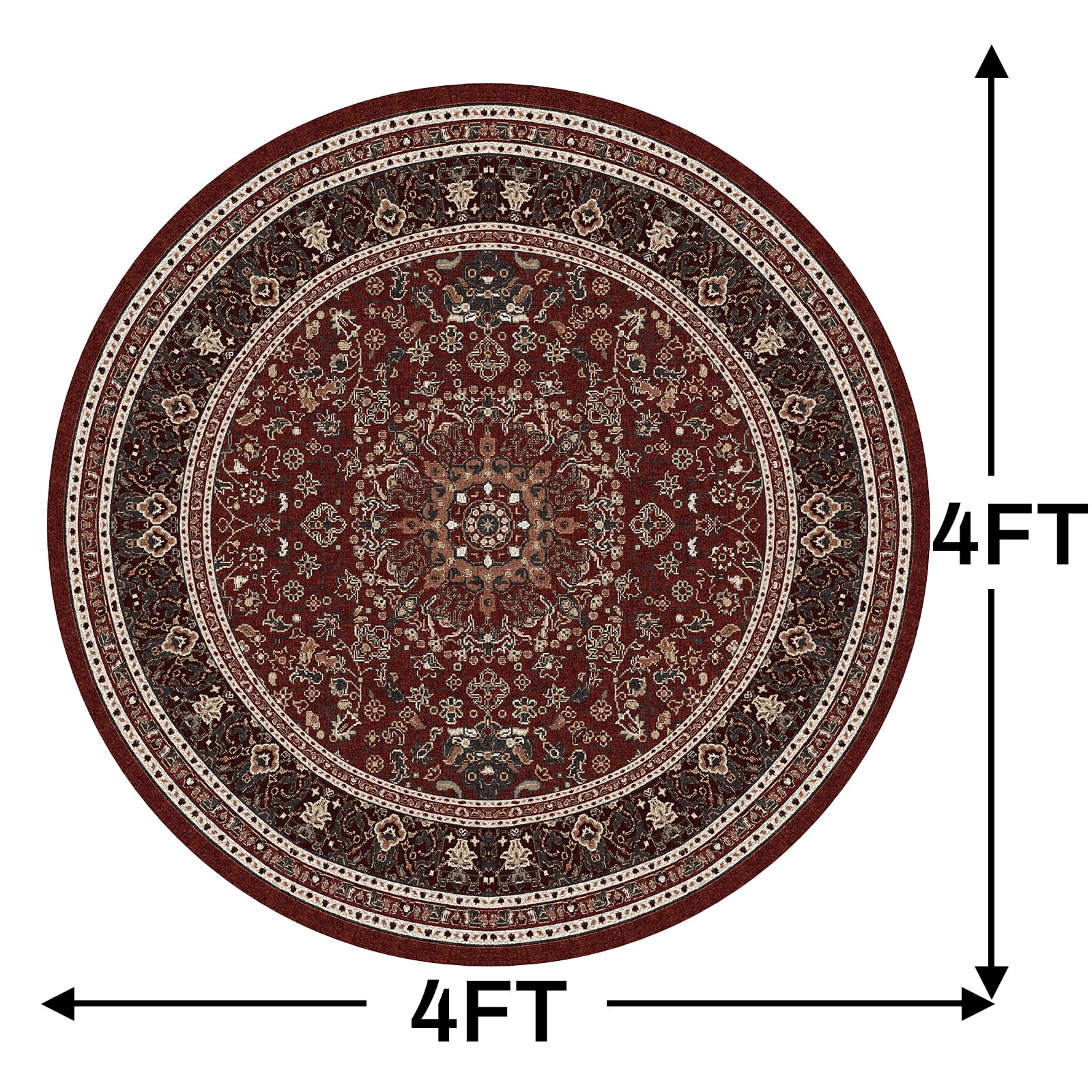 Pentantan Vintage Round Area Rug, 4ft x 4ft Red Retro Style Washable Rug with Anti-Slip Backing for Living Room