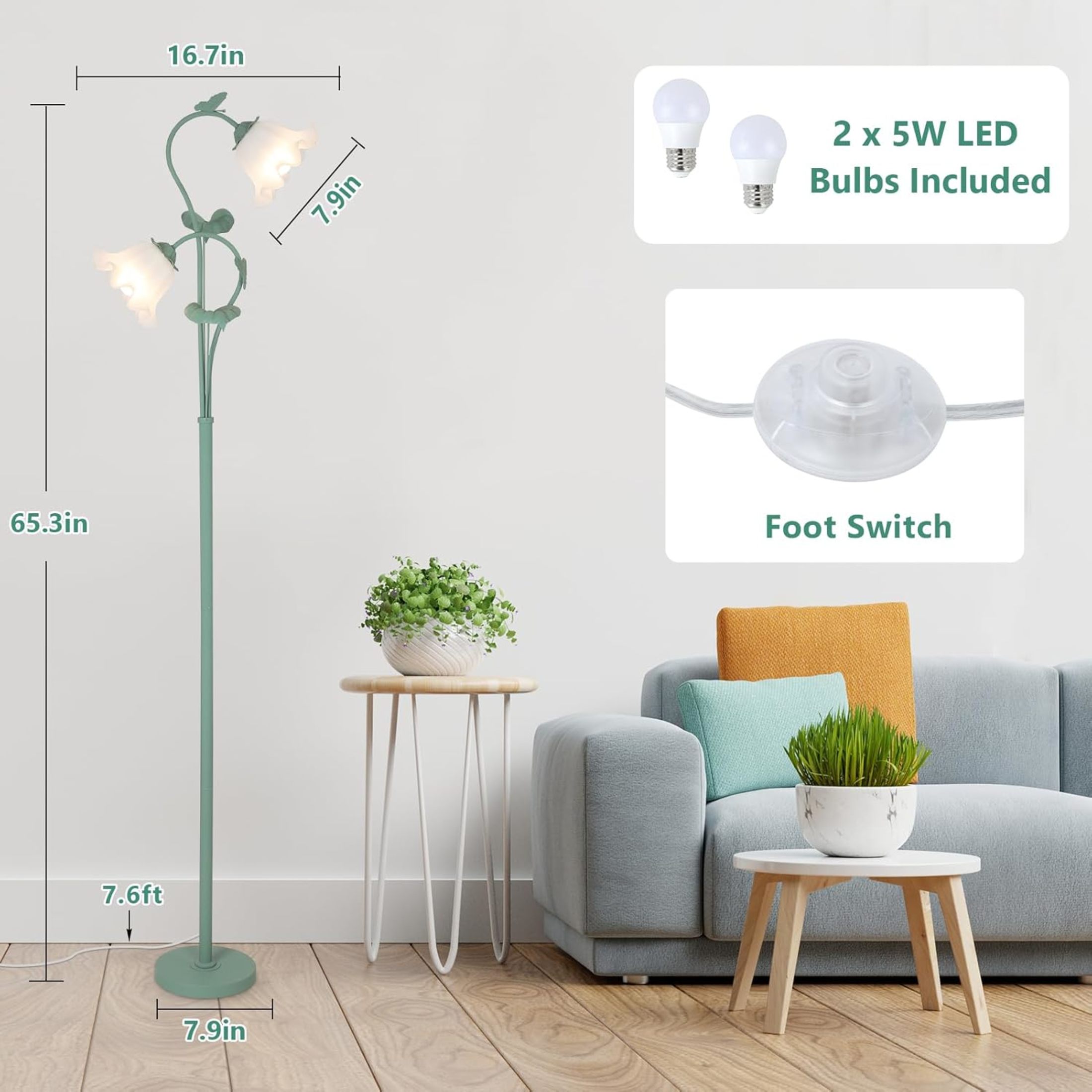 Noble House 65" Vintage Flower Floor Lamp with Acrylic Floral Shades, Green Iron Base Tall Lamp for Living Room, Green