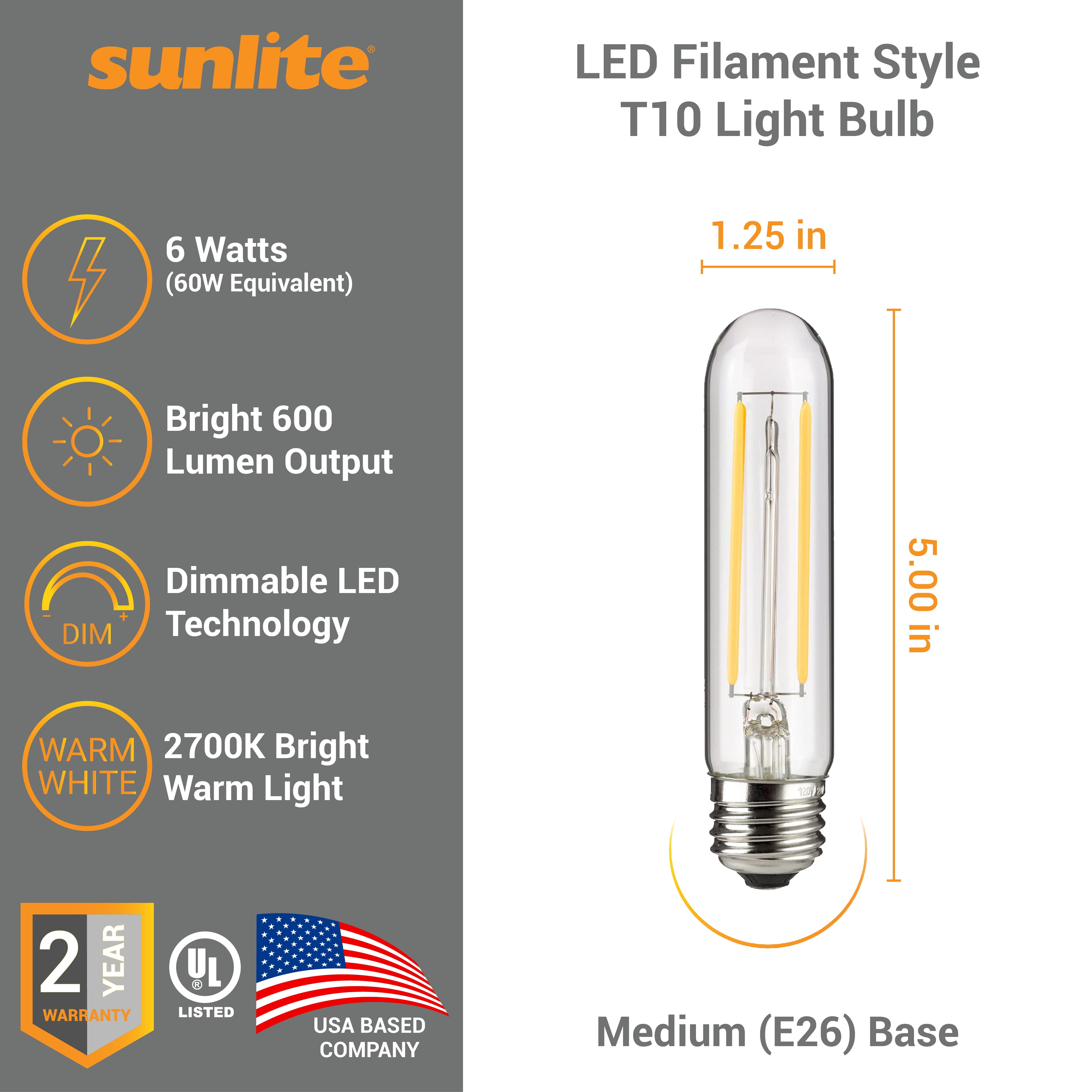 Sunlite LED Filament T10 Tubular Light Bulb, 6 Watts (60W Equivalent), Medium E26 Base, Dimmable, Clear, ETL Listed, 2700K Soft White, 6-Pack