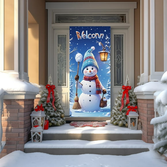 Herunwer Merry Christmas Snowman Front Door Cover Decorations, Xmas Tree Gifts Snow Decorative Banner Background, Winter Holiday Home Decor