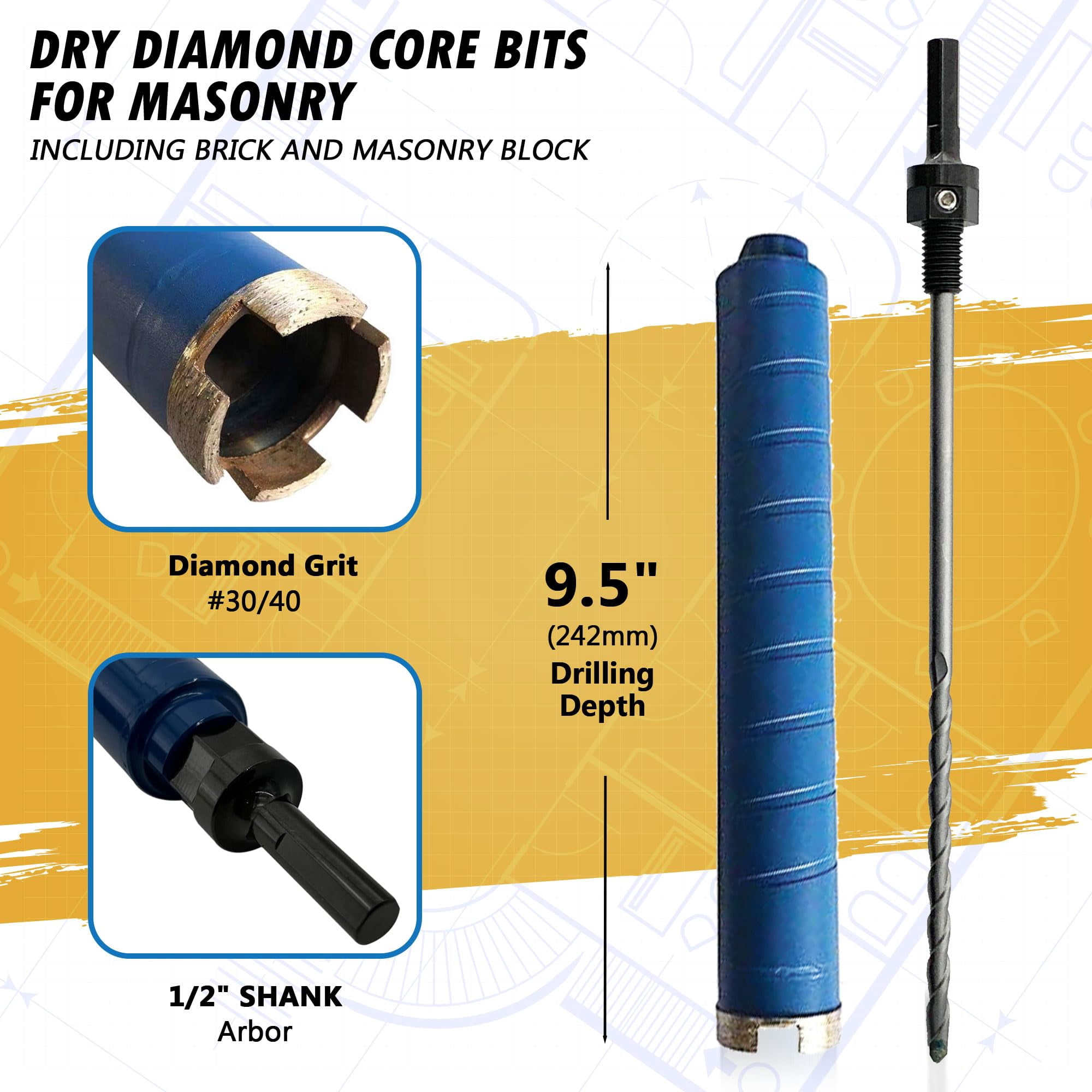 EDiamondTools 1-3/8" Diamond Core Drill Bits w Pilot Bit for Brick, Block, 1/2" Shank