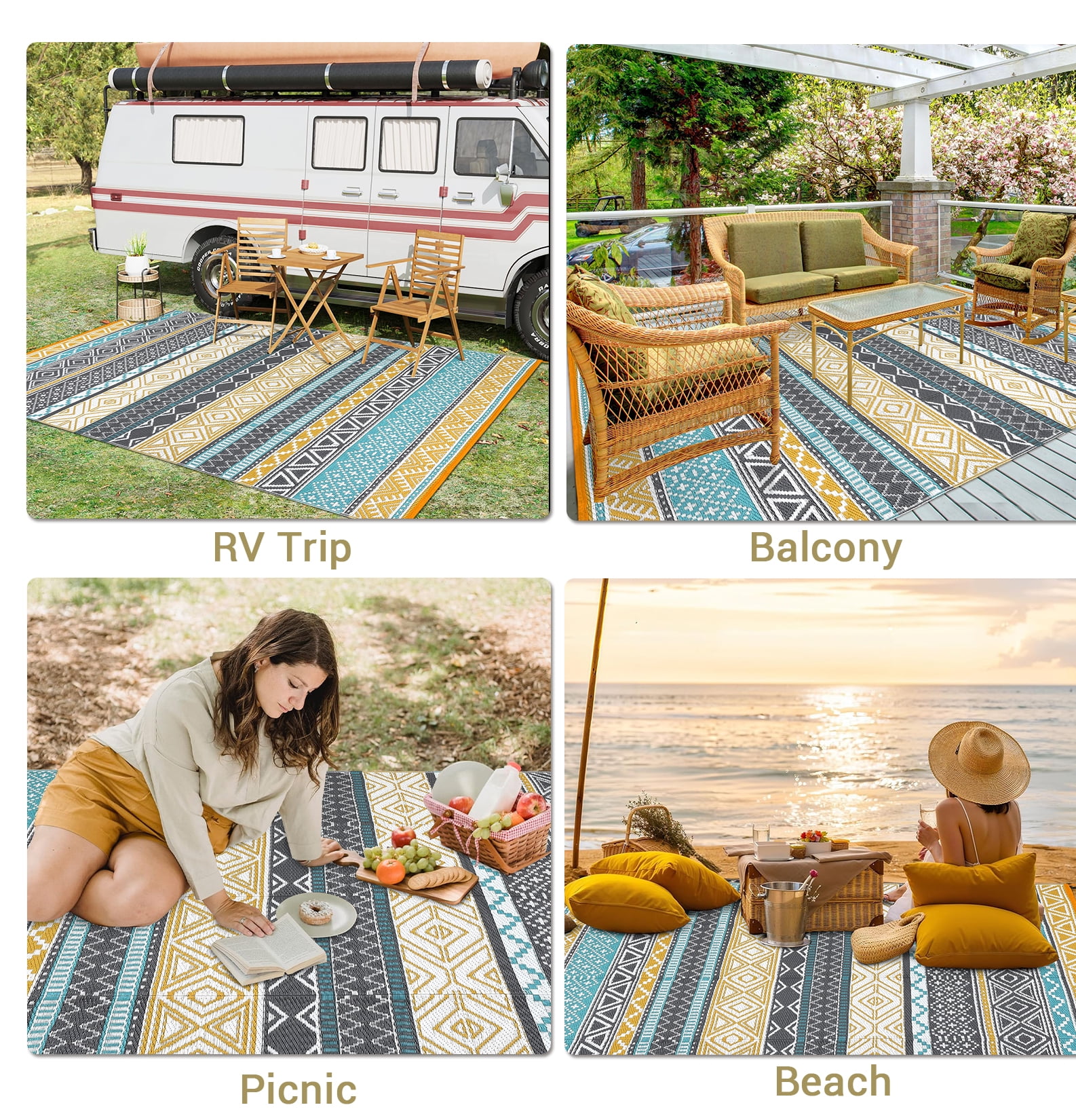 Garvee 8'x10' Plastic Outdoor Rugs, Bohemia Waterproof Straw Rug Reversible Indoor Outdoor Carpet for Patio Deck Porch Backyard Camping Picnic Beach, Four-color