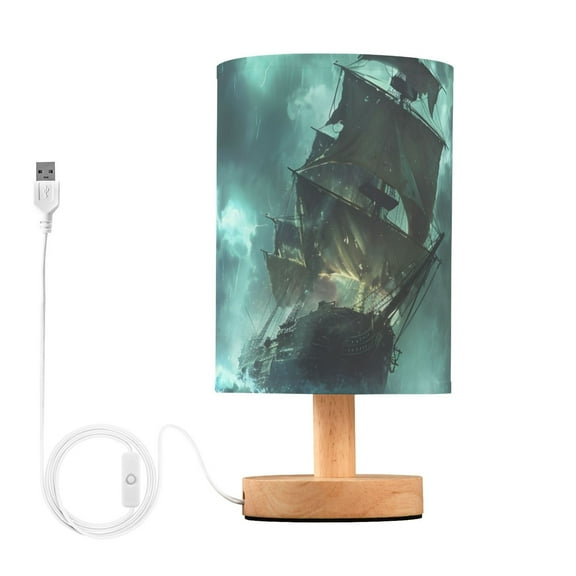 Old Ship in Storm Sea Bedside Desk Lamp LED Table Nightstand Lamps Warm Light Fabric Lampshade for Home Bedroom Office Living Room Decor